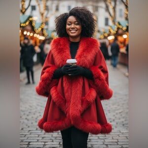 Elegant Red Faux Fur-Trimmed Cape